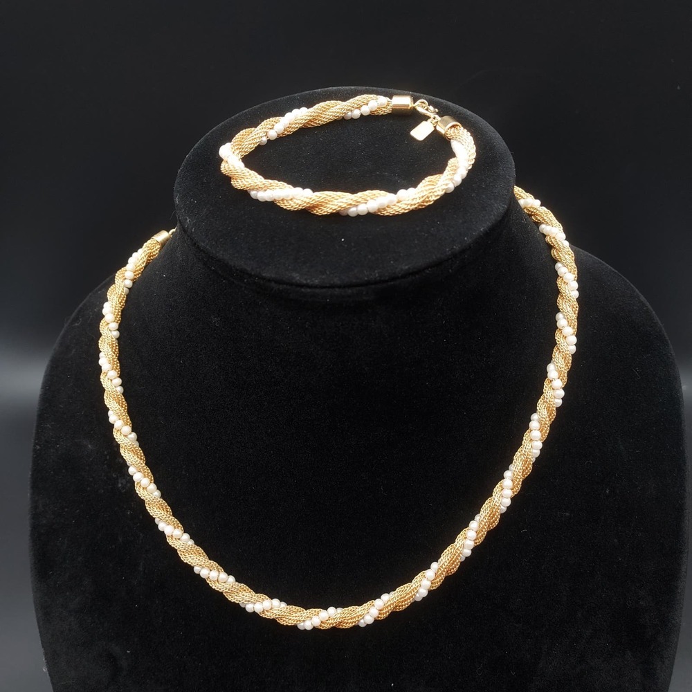 Gold Tone Mesh Faux Pearl Twisted Necklace Bracelet Set Act II Signed Jewelry